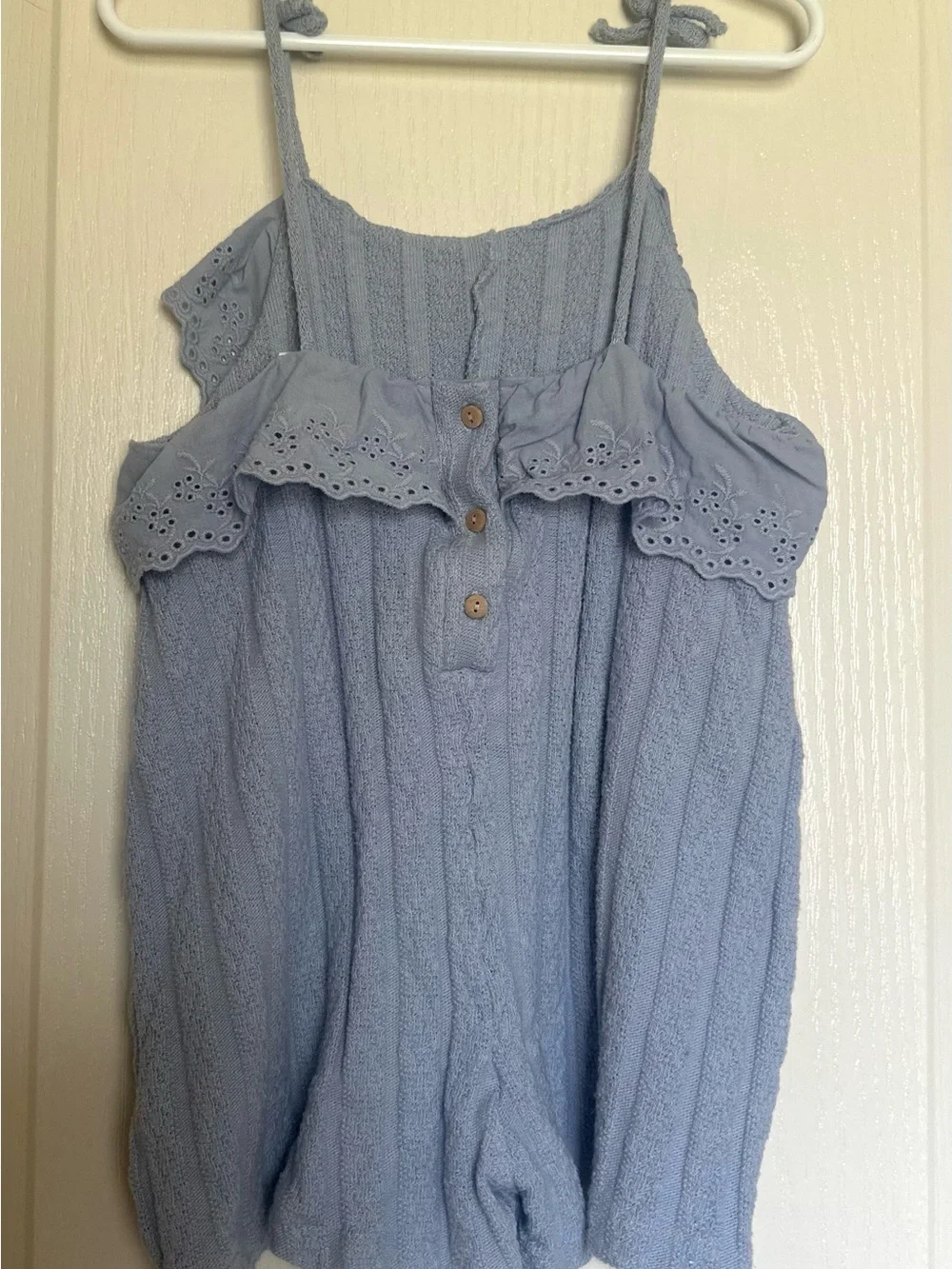 Zara Light Blue Eyelet-Trim Cold-Shoulder Knit Romper